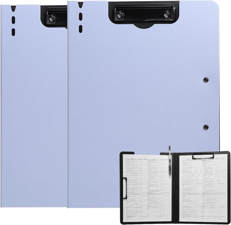 FRETONBA Clipboard Folder, 2 Pcs A4 Foldable Clipboard with Horizontal and Vertical Double Metal Clips, 360 Degree Foldable Binder Clipboards with Pen Holder, File Cover Work Folder Clipboards, Purple - Image 1